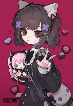 1girl :p animal_bag animal_ears bag bandaid bandaid_hair_ornament bandaid_on_cheek bandaid_on_face bandaid_on_hand black_bow black_dress black_nails black_ribbon blush bow braid brown_eyes brown_hair cat_bag cat_ears cat_girl cat_loving_(cevio) center_frills character_doll chocolate clothing_cutout collar commentary doll dress english_commentary frilled_shirt_collar frills hair_intakes hair_ornament hair_ribbon hairclip handbag heart heart-shaped_pupils highres holding holding_doll jewelry jirai_kei kemonomimi_mode lace long_sleeves looking_at_viewer megurine_luka nose_blush pearl_hair_ornament project_sekai purple_collar red_background ribbon ring ringed_eyes shinonome_ena shirt short_hair shoulder_cutout simple_background smile solo swept_bangs symbol-shaped_pupils tira_27 tongue tongue_out twintails v vocaloid x_hair_ornament