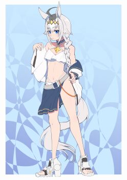 1girl absurdres ahoge alternate_costume animal_ears bikini blue_eyes blush breasts chia_ikaruga collarbone commentary_request full_body grey_hair highres horse_ears horse_girl horse_tail looking_at_viewer oguri_cap_(umamusume) simple_background small_breasts swimsuit tail umamusume