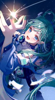 1girl :d absurdres arm_up bare_shoulders blue_dress blue_eyes blush braid braided_hair_rings commentary_request dress full_body green_hair hair_rings hatsune_miku highres long_hair long_sleeves magical_mirai_(vocaloid) magical_mirai_miku magical_mirai_miku_(2025) nail_polish open_mouth satori_suzuha smile solo sparkle standing vocaloid