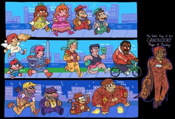 2others 3girls 4girls 6+boys :d absurdres angel_wings arm_cannon backpack backwards_hat bag bandana barrel baseball_bat baseball_cap basketball_uniform beanie beard bicycle big_nose black_hair blue_hair blue_overalls blue_tank_top blush boots boxing_gloves brass_knuckles brown_bag brown_hair buck_teeth building cane cape castle city cityscape clenched_hands closed_eyes closed_mouth clown coat cosplay crossed_arms crossover crown dark-skinned_female dark-skinned_male dark_skin diddy_kong doc_louis donkey_kong donkey_kong_(series) dress earrings english_text facial_hair fingerless_gloves fire flower_earrings flying food formal_clothes freckles ganon glasses gloves green_gloves green_hair green_tunic hammer happy hard_hat hat helmet highres holding holding_barrel holding_baseball_bat holding_cane holding_food holding_map holding_pizza holding_shield holding_sword holding_weapon holding_whip humanization jacket jewelry jogging jumpsuit kid_icarus lava left-handed link little_mac long_hair long_nose long_sleeves luigi map mario mario_(series) master_sword metroid mini_crown mother_(series) mother_2 multiple_boys multiple_crossover multiple_girls multiple_others mustache necktie ness_(mother_2) new_york_city nintendo open_clothes open_mouth orange_hair otrebot overalls pants pink_dress pink_hair pit_(kid_icarus) pizza pizza_box pointy_ears pointy_nose ponytail princess_daisy princess_peach punch-out!! purple_shirt pyrokinesis racket raincoat red_eyes red_gloves red_hair red_jacket red_suit riding riding_bicycle running samus_aran sharp_teeth shield shirt shoes short_hair short_sleeves shorts shoulder_bag skateboard skyscraper smile sneakers sparkle spiked_shell sportswear suit sunglasses super_crown suspenders sweatpants sword tank_top teeth tennis_racket the_legend_of_zelda thick_eyebrows thick_lips top_hat torch triforce tunic v-shaped_eyebrows walking waluigi wario weapon white_gloves wings yellow_dress