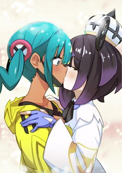 2girls aqua_hair black_hair blush canari_(pokemon) closed_eyes commentary_request from_side gloves gwynn_(pokemon) hand_on_another&#039;s_shoulder hat highres hood hood_down hooded_jacket jacket kiss long_sleeves multiple_girls nintendo partially_fingerless_gloves pokemon pokemon_legends:_z-a purple_gloves shibaame upper_body yellow_jacket yuri