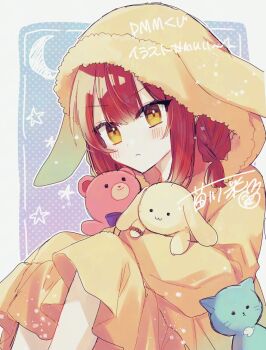 1girl animal_hood blush braid cat closed_mouth commentary highres holding holding_stuffed_toy hood hood_up hoodie long_sleeves looking_at_viewer momoiro official_art pajamas red_hair solo stuffed_animal stuffed_cat stuffed_rabbit stuffed_toy symbol-only_commentary teddy_bear watashi_wo_tabetai_hitodenashi yashiro_miko yellow_eyes