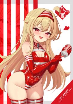 1girl absurdres arm_warmers artificial_vagina blonde_hair blush breasts cameltoe fang female_focus hairband highres kiari_art legs leotard little_witch_nobeta loli long_hair lube nobeta red_eyes sex_toy small_breasts smile solo standing tenga tenga_swimsuit thick_thighs thighhighs thighs