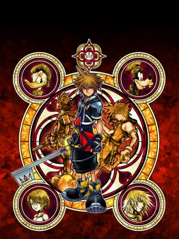 1girl 4boys armor blue_eyes brown_hair donald_duck fingerless_gloves gloves goofy holding holding_weapon hood hood_down hoodie jewelry kairi_(kingdom_hearts) keyblade kingdom_hearts kingdom_hearts_ii looking_at_viewer multiple_boys necklace nomura_tetsuya official_art riku_(kingdom_hearts) short_hair short_sleeves smile sora_(kingdom_hearts) spiked_hair standing weapon