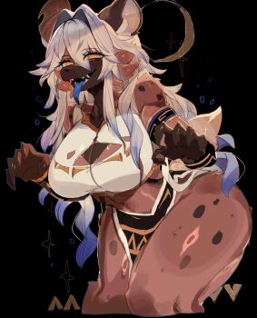 1girl animal_nose armlet black_background blue_tongue body_fur breasts brown_fur claw_pose colored_tongue commentary commission cowboy_shot cropped_shirt dark-skinned_female dark_skin double-parted_bangs english_commentary fangs fingernails furry furry_female grey_hair hair_between_eyes hands_up highres hyena_ears hyena_girl jewelry large_breasts leaning_forward long_hair looking_at_viewer open_mouth original pelvic_curtain sharp_fingernails shirt slit_pupils smile snout solo thick_thighs thighs usa37107692 white_shirt