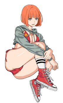 Rule 34 | 1girl, ass, bikini, blunt ends, breasts, bright pupils, cleavage, commentary, converse, cropped hoodie, full body, hood, hoodie, large breasts, looking at viewer, mcdonald's, mother (yoru mac), orange hair, red bikini, red shoes, shiren (ourboy83), shoes, short hair, side-tie bikini bottom, simple background, sneakers, socks, solo, swimsuit, thighs, white background, white pupils, white socks, yoru mac