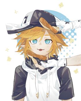 Rule 34 | 1boy, 1other, :3, absurdres, aotu world, baseball cap, black hat, blonde hair, blue eyes, bread, bread slice, chinese commentary, closed mouth, commentary request, drawstring, food, food on face, gloves, hair between eyes, hat, highres, holding, holding bread, holding food, hood, hood down, hoodie, king (aotu world), looking at viewer, male focus, multicolored hat, multicolored hoodie, open mouth, out of frame, pointy ears, short hair, short sleeves, simple background, smile, solo focus, sparkle, star (symbol), tongue, tongue out, upper body, white background, white gloves, white hoodie, xianbiqing