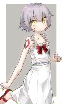 1girl bare_shoulders bow breasts commentary_request dress facial_scar fate/apocrypha fate_(series) green_eyes hair_between_eyes highres jack_the_ripper_(fate/apocrypha) looking_at_viewer red_slippers scar scar_across_eye scar_on_cheek scar_on_face short_hair shoulder_tattoo slippers small_breasts solo tattoo white_dress white_hair yubeshi_(zecxl)