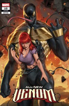 1boy 1girl absurdres beckoning black_skin blunt_bangs breasts character_name cleavage colored_skin comic_cover cover cover_page crop_top ejikure fire freckles green_eyes grin highres large_breasts logo long_hair long_tongue looking_at_viewer marvel mary_jane_watson monster_boy muscular muscular_male navel official_art purple_shirt red_hair sharp_teeth shirt slime_boy smile spider-man_(series) symbiote teeth tongue venom_(marvel) very_long_tongue