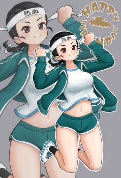 1girl absurdres amanone_yun black_hair blush braid braided_ponytail breasts brown_eyes closed_mouth collarbone commentary_request full_body girls_und_panzer green_shorts gym_shorts gym_uniform highres large_breasts long_hair looking_at_viewer multiple_views navel shorts smile tamada_tamaki track_suit white_shorts