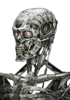 Rule 34 | absurdres, android, barcode, commentary, english commentary, english text, glowing, glowing eyes, highres, humanoid robot, johnson ting, machinery, mechabare, no humans, no skin, photoshop (medium), red eyes, robot, science fiction, simple background, t-800, teeth, terminator (series), textless version, the terminator, white background