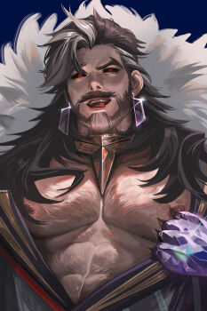 1boy bare_pectorals black_hair black_sclera chest_hair coat colored_sclera crystal earrings facial_hair fur-trimmed_coat fur_trim grey_hair highres jewelry junwen_lululu league_of_legends long_hair looking_at_viewer male_focus multicolored_hair nipples open_mouth pectorals prestige_chosen_of_the_wolf_swain pulling_own_clothes red_eyes smile solo streaked_hair swain_(league_of_legends) teeth tongue tongue_out