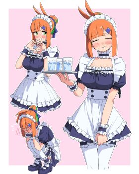 1girl :&gt; black_shoes blush breasts cleavage closed_mouth cup drinking_glass frilled_anklet frilled_thigh_strap green_hair hair_bun hair_ornament hairclip hands_on_own_face heart heart_hands highres holding holding_cup holding_tray large_breasts looking_at_viewer maid multicolored_hair narashino_uka nervous_smile nervous_sweating orange_hair original parted_lips shoes short_hair smile solo squatting sweat thigh_strap thighhighs tray two-tone_hair white_thighhighs yachima_tana