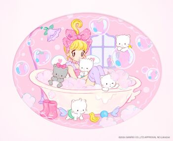 1girl ahoge animal animal_ear_hairband animal_ears baby_animal ball bath bathing bathtub black_eyes blonde_hair boots bow bow_hairband bubble camisole cat cat_ears choker closed_mouth comcomblue commentary copyright_name copyright_notice diaper dot_mouth fake_animal_ears grey_cat grey_thighhighs hairband heart heart_bubbles holding holding_animal holding_cat huge_ahoge kitten looking_at_viewer nya_(sanrio) nye_(sanrio) nyi_(sanrio) nyon_(sanrio) nyu_(sanrio) official_art on_bubble one_eye_closed pink_background pink_boots pink_bow pink_camisole pink_choker pink_hairband polka_dot_camisole rubber_duck sanrio short_hair shower_head sitting soap soap_bottle soap_bubbles thighhighs whiskers white_cat white_wings window wings