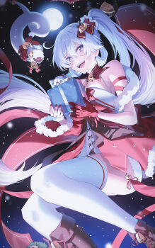 1girl absurdres alternate_costume blue_eyes box breasts christmas_present commentary commentary_typo diamond-shaped_pupils diamond_(shape) dress english_commentary full_moon gift gift_box gloves high_ponytail highres holding holding_gift honkai_(series) honkai_impact_3rd hyume_26 kiana_kaslana kiana_kaslana_(ba-dum!_fiery_wishing_star) large_breasts long_hair merry_christmas moon night open_mouth ponytail red_dress red_gloves red_nails rice_cake_(honkai_impact) single_glove smile snake solo symbol-shaped_pupils thighhighs thighs very_long_hair white_hair white_thighhighs