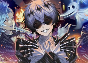 3boys aogiyuki blue_hair commentary_request crown diamond_hairband formal_clothes ghost highres idia_shroud long_hair long_sleeves looking_at_viewer male_focus multiple_boys pinstripe_pattern pinstripe_suit sharp_teeth short_hair skully_j._graves smile striped_clothes suit teeth the_nightmare_before_christmas twisted_wonderland vest white_hair yellow_eyes zero_(nbc)