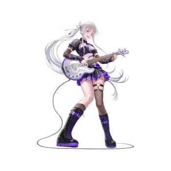 1girl asymmetrical_legwear bad_link bass_guitar belt belt_boots black_boots black_skirt boots breasts breasts_apart chain cheona_(last_origin) cleavage_cutout clothing_cutout collared_shirt colored_eyelashes cropped_shirt detached_sleeves ear_piercing fishnet_sleeves fishnet_thighhighs fishnet_top fishnets forked_tongue frilled_shirt frilled_sleeves frills full_body green_nails hair_ribbon heart heart_o-ring highres holding holding_bass_guitar holding_instrument instrument knee_boots knees_together_feet_apart last_origin linea_alba long_hair long_sidelocks looking_at_viewer medium_breasts miniskirt multiple_belts music nail_polish neck_ribbon o-ring o-ring_thigh_strap official_alternate_costume official_art open_mouth piercing playing_instrument pleated_skirt puffy_short_sleeves puffy_sleeves purple_belt purple_eyes purple_nails purple_ribbon ribbon scale_print shirt short_sleeves side_ponytail sidelocks simple_background skirt slit_pupils smile snake_girl solo standing tachi-e taesi teeth thigh_strap thighhighs tongue tongue_out torn_clothes torn_sleeves transparent_background uneven_legwear upper_teeth_only white_eyelashes white_hair