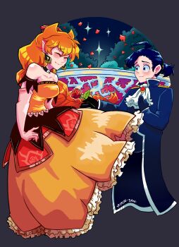 1boy 1girl absurdres ahoge ascot azazel_ameri bare_shoulders black_hair blue_suit breasts choker closed_eyes earrings elbow_gloves flower formal_clothes gloves hair_horns hetero highres holding holding_flower jewelry kirina_hm long_hair long_sleeves mairimashita!_iruma-kun medium_breasts medium_hair night orange_hair rose smile sparkle suit suzuki_iruma white_ascot