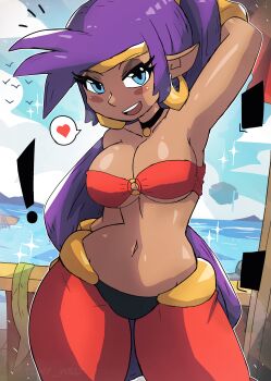 ! 1girl absurdres arm_up blue_eyes blush bracelet breasts choker cleavage cloud collarbone dancer dark_skin earrings harem_outfit harem_pants heart highres jewelry large_breasts long_hair looking_at_viewer midriff navel o-ring o-ring_top ocean open_mouth pants pointy_ears ponytail purple_hair red_pants red_shirt shantae shantae_(series) ship shirt sky smile sparkle speech_bubble spoken_heart standing strapless teeth tiara tony_welt tube_top water watercraft wayforward wide_hips
