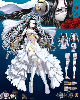 1boy 1girl ahoge arm_cannon black_hair blood_(game) breasts bride caleb_(blood) dress flower highres joints lightning_ahoge long_hair medium_breasts multicolored_hair patchwork_skin personification prosthesis prosthetic_arm prosthetic_leg red_flower red_rose reference_sheet robot_joints rose stitched_arm stitched_face stitched_leg stitched_torso stitches substance20 two-tone_hair veil very_long_hair weapon wedding_dress white_hair