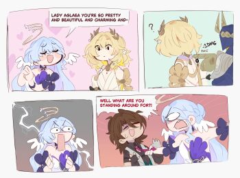 1boy 2girls ? aglaea_(honkai:_star_rail) angry asymmetrical_gloves blonde_hair blue_hair blush brown_hair chibi chibi_only closed_eyes clothes_grab commentary commission damage_numbers detached_sleeves dress english_commentary english_text facial_hair facing_another fingerless_gloves furrowed_brow gallagher_(honkai:_star_rail) gameplay_mechanics gloves hair_between_eyes hair_intakes halo head_wings heart highres honkai:_star_rail honkai_(series) laurel_crown lightning lightning_background long_hair looking_at_another medium_hair mismatched_gloves multiple_girls necktie necktie_grab neckwear_grab nervous_smile open_mouth own_hands_together partially_shaded_face poking purple_eyes rectangular_mouth robin_(honkai:_star_rail) shirt shouting single_fingerless_glove single_hair_intake smile strapless strapless_dress stubble surprised sweatdrop unfamousradish upper_body v-shaped_eyebrows very_long_hair vest wide-eyed wings