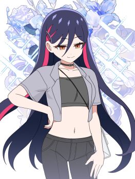 1girl anime_coloring artist_request bag between_breasts black_choker black_pants blue_flower blue_hair breasts choker closed_mouth cropped_shirt dragon_musume_ni_naritakunai! duel_masters flower grey_jacket hair_between_eyes highres jacket long_hair midriff multicolored_hair official_art open_clothes open_jacket orange_eyes pants red_hair rudo_thana shoulder_bag solo sparkle strap_between_breasts very_long_hair