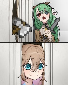 2girls absurdres animal animal_ears axe bell blue_eyes brown_jacket closed_mouth commentary cow_ears cow_girl cow_horns cowbell crelly_(vtuber) english_commentary green_eyes hair_between_eyes here's_johnny!_(meme) heterochromia highres holding holding_sword holding_weapon horns indoors jacket lavidi long_hair long_sleeves meme minecraft multiple_girls neuro-sama red_eyes shirt smile sword vedal_ai virtual_youtuber weapon white_shirt