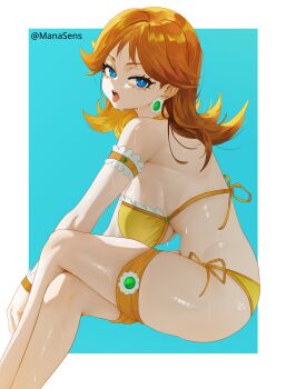 1girl absurdres arm_strap bad_id bad_twitter_id bare_shoulders bikini blue_background blue_eyes border breasts brown_bikini brown_hair earrings flower_earrings from_side highres jewelry large_breasts looking_at_viewer manasens mario_(series) missing_headwear multicolored_bikini nintendo open_mouth orange_bikini outside_border princess_daisy shiny_skin side-tie_bikini_bottom sitting solo sweat swimsuit thigh_strap tongue tongue_out two-tone_bikini underboob white_border wristband