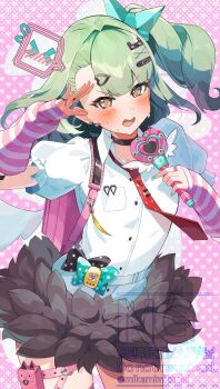 Rule 34 | 1girl, absurdres, aqua nails, arm warmers, bandaid, bandaid hair ornament, black skirt, collar, commentary request, cowboy shot, earrings, fur-trimmed skirt, fur trim, green eyes, green hair, hair ornament, heart, heart background, heart hair ornament, highres, holding, holding microphone, jewelry, looking at viewer, microphone, mikami michael, multiple hair clips, musical note earrings, necktie, open mouth, pink arm warmers, pink background, pink bag, ponytail, red necktie, shirt, skirt, solo, striped arm warmers, sunna (zenless zone zero), sweat, v-shaped eyebrows, white shirt, white wings, winged bag, wings, zenless zone zero