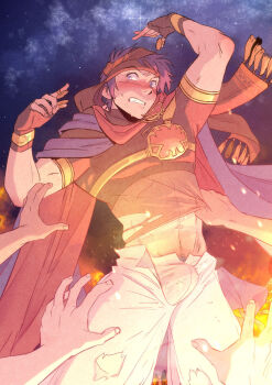 1boy assisted_exposure blue_hair blush bodystocking bootyelectric_(chocotaurnsfw) bulge clothes_grab commentary crop_top english_commentary fingerless_gloves fire_emblem fire_emblem:_path_of_radiance fire_emblem_heroes gloves highres ike_(fire_emblem) ike_(jehanna)_(fire_emblem) male_focus male_underwear navel night nintendo official_alternate_costume open_pants paid_reward_available pants short_hair solo_focus toned toned_male torn_bodystocking torn_clothes torn_pants two-sided_fabric underwear white_pants