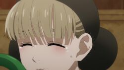 2020s animated anne_drewanz between_breasts breasts bursting_breasts cleavage collarbone dress green_eyes headgear headscarf highres kuroshitsuji large_breasts long_sleeves medal moaning snake sound tagme tears underbust video