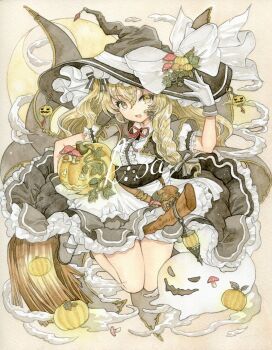 1girl :d absurdres apron black_dress blonde_hair bow broom broom_riding cape center_frills commentary_request dress fly_agaric food frills full_body ghost gloves grey_cape grey_shoes hair_between_eyes hand_on_headwear hat hat_bow highres holding holding_food holding_pumpkin holding_vegetable jack-o&#039;-lantern jack-o&#039;-lantern_hat_ornament kirisame_marisa kisarush lantern long_hair looking_at_viewer mary_janes moon mushroom open_mouth pouch puffy_short_sleeves puffy_sleeves pumpkin red_ribbon ribbon shirt shoes short_sleeves smile socks solo touhou traditional_media vegetable vial watermark white_apron white_bow white_gloves white_shirt white_socks witch_hat yellow_eyes