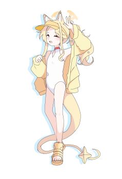 1girl absurdres alternate_costume animal_ears blonde_hair blue_archive bobok casual_one-piece_swimsuit closed_eyes covered_navel flat_chest fox_ears full_body halo hat highres jacket long_hair one-piece_swimsuit open_mouth ponytail sandals seia_(blue_archive) seia_(swimsuit)_(blue_archive) shoes simple_background smile solo swimsuit tail visor_cap white_background white_one-piece_swimsuit yellow_halo yellow_hat yellow_jacket yellow_shoes