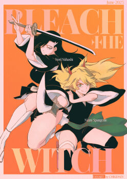 Rule 34 | 2025, 2girls, absurdres, black hair, black kimono, black shorts, bleach, blonde hair, blue eyes, breasts, burn the witch, character name, chikidney, commentary request, copyright name, fighting stance, green eyes, hair ornament, half-closed eyes, highres, holding, holding sword, holding weapon, in-franchise crossover, japanese clothes, kimono, kneeling, large breasts, long hair, looking at viewer, multiple girls, niihashi noel, ninny spangcole, sandals, sash, shihakusho, shorts, sword, twintails, waraji, weapon, wide sleeves