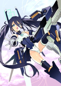 1girl aqua_halo aris_(armed)_(blue_archive) aris_(blue_archive) black_hair blue_archive blue_necktie hair_between_eyes halo headgear highleg highleg_leotard highres leotard long_hair long_hair_between_eyes looking_at_viewer mecha_musume mechanical_legs mechanical_wings multicolored_leotard necktie nobita_(makoto7060355) official_alternate_costume open_hand open_mouth rectangular_halo ringed_eyes showgirl_skirt sleeveless solo thrusters twintails very_long_hair wings