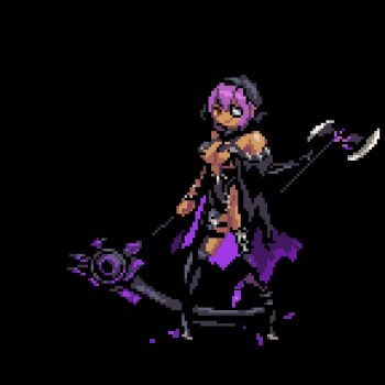 1girl 2021 animated animated_gif arm_behind_back armpit_crease asymmetrical_clothes asymmetrical_gloves bare_shoulders black_boots black_footwear black_gloves black_hoodie black_horns bodysuit boots bouncing_breasts breasts cape ccryupixel clenched_hand collarbone commentary contrapposto covered_navel dark-skinned_female dark_skin demon_girl demon_horns dual_wielding elbow_gloves eyepatch female_focus fingernails full_body gloves groin high_heels holding hood hood_up hooded_cape hoodie horns impossible_bodysuit impossible_clothes legs_apart long_fingernails looking_at_viewer numericgazer official_art pixel_art pointy_ears pulling purple_hair purple_nails revealing_clothes scythe sharp_fingernails shiny_skin short_hair single_elbow_glove skull_ornament slit_pupils smile solo teeth thick_thighs thigh_strap thighs toothpick transparent_background tsurime under_the_witch upper_teeth_only very_long_fingernails wide_hips xen_(under_the_witch) yellow_eyes