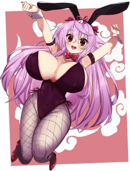 Rule 34 | 1girl, animal ears, armpits, blush, breasts, commission, fishnet thighhighs, fishnets, hair ornament, highres, large breasts, long hair, open mouth, playboy bunny, pocchari, purple hair, rabbit ears, red eyes, sengoku bushouki muramasa, simple background, skeb commission, solo, thighhighs, toudou takatora (sengoku bushouki muramasa)
