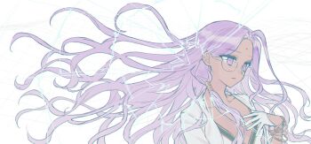 1girl bindi breasts closed_mouth coat collarbone commentary cracked_background dark-skinned_female dark_skin fate/grand_order fate_(series) floating_hair glasses gloves half_gloves lab_coat long_hair nachochips_159 open_clothes open_coat purple_eyes purple_hair rani_xii simple_background small_breasts solo very_long_hair white_background white_gloves