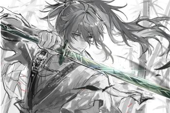1boy arm_armor bamboo bamboo_forest blind cloak closed_mouth forest fractalmagnolia hair_between_eyes highres holding holding_sword holding_weapon long_hair male_focus nature ponytail qiuyuan_(wuthering_waves) sketch solo spot_color sword upper_body weapon wuthering_waves