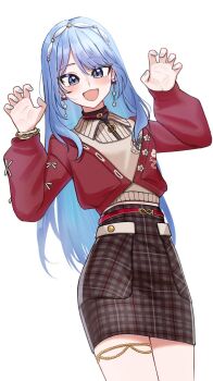 1girl :d black_shirt blue_eyes blue_hair brown_skirt cardigan chrispy_tuna claw_pose commentary cowboy_shot cropped_cardigan earrings english_commentary grey_sweater hairband hands_up highres hololive hoshimachi_suisei hoshimachi_suisei_(micomet) jewelry long_hair looking_at_viewer miniskirt official_alternate_costume open_mouth pencil_skirt plaid_clothes plaid_skirt pom_pom_(clothes) pom_pom_earrings red_cardigan shirt simple_background skirt smile solo star_(symbol) star_in_eye sweater symbol_in_eye thighlet virtual_youtuber white_background