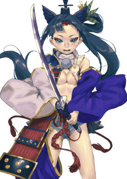 1girl armor black_hair blue_eyes breast_curtains breasts detached_sleeves eric_ueda eyeliner fate/grand_order fate_(series) highres holding holding_sword holding_weapon japanese_armor katana long_hair looking_at_viewer makeup open_mouth ponytail revealing_clothes shoulder_armor small_breasts sode solo sword ushiwakamaru_(fate) ushiwakamaru_(second_ascension)_(fate) weapon