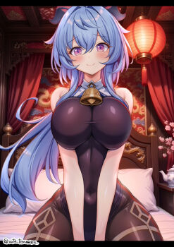 Rule 34 | 1girl, alternate breast size (larger), bell, black leotard, blue hair, bodystocking, breasts, commentary request, covered navel, cowbell, crossed bangs, ganyu (genshin impact), genshin impact, goat horns, highres, horns, huge breasts, lantern, leotard, light blush, long hair, looking at viewer, neck bell, on bed, purple eyes, satou terumasa, sitting, skin tight, smile, solo, twitter username, wavy hair, wide hips