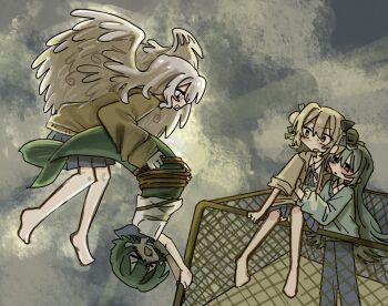 Rule 34 | > <, 4girls, blonde hair, blue sailor collar, blue skirt, bound, bow, cardigan, carrying, carrying person, cloud, cloudy sky, fins, flying, green hair, grey hair, h7646831093426, hair bow, hair bun, hair wings, highres, long hair, mermaid, monster girl, multiple girls, open mouth, original, outdoors, profile, rope, sailor collar, shirt, skirt, sky, tied up (nonsexual)