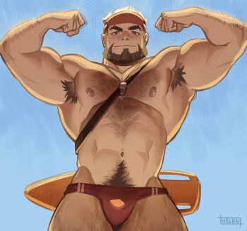 Rule 34 | 1boy, abs, arm hair, armpit hair, armpits, artist name, beard, black hair, chest hair, closed mouth, double biceps pose, facial hair, flexing, helbai, highres, lifeguard, looking at viewer, male focus, male swimwear, multicolored hair, navel, nipples, original, red male swimwear, short hair, smile, solo, swim briefs, two-tone hair, whistle, whistle around neck, white hair