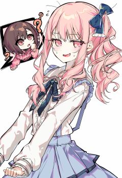 1girl 1other :d :o ? ?? aimi_(mimi_nii2) akiyama_mizuki black_bow black_bowtie black_trim blue_skirt blush bow bowtie brown_hair center_frills collared_shirt colorful_festival_(project_sekai) dot_nose drill_hair drill_sidelocks flying_sweatdrops frilled_bow frilled_shirt frilled_skirt frilled_sleeves frills hair_between_eyes hair_bow hair_over_shoulder hand_on_own_chin hashtag-only_commentary high_side_ponytail highres jitome long_hair long_sleeves looking_at_viewer official_alternate_costume open_mouth other_focus pink_eyes pink_hair pink_shirt project_sekai puffy_long_sleeves puffy_sleeves shinonome_ena shirt side_drill side_ponytail sidelocks simple_background skirt smile smug solo_focus spoken_character suspender_skirt suspenders sweat swept_bangs tongue upper_body white_background white_shirt