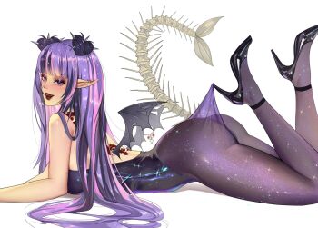 1girl armpit_crease artist_request ass bare_shoulders bat_wings black_leotard black_shoes black_streaks blunt_bangs breasts commentary double_bun ear_piercing english_commentary eyegirl hair_bun hair_sprinkles heart_hair_bun heterochromia high_heels highres indie_virtual_youtuber lace_pantyhose_hooked_on_heel_(meme) leotard lipstick long_hair looking_at_viewer lying makeup medium_breasts meme multicolored_hair nose on_stomach open_mouth pantyhose piercing pink_eyes pink_streaks pointy_ears purple_eyes purple_hair purple_pantyhose red_lips second-party_source shoes simple_background skeletal_tail smile solo spikes sprinkle_hershy sprinkles strappy_heels streaked_hair tail torn_wings virtual_youtuber white_background wings