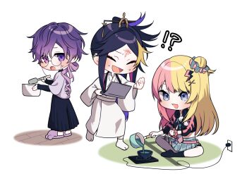 Rule 34 | !?, 1girl, 2boys, belt, black hair, black pants, black shirt, black socks, blonde hair, blue eyes, blue necktie, blue skirt, chibi, closed eyes, colored inner hair, commentary request, computer, cooking pot, crossed ankles, electric plug, facial mark, forehead mark, gradient hair, grey pantyhose, hair bun, hair ornament, hair stick, hakama, hakama pants, holding, holding cooking pot, holding laptop, holding spatula, hot plate, japanese clothes, kimono, kotoka torahime, kotoka torahime (1st costume), laptop, lightning bolt, lightning bolt hair ornament, lightning bolt symbol, long hair, multicolored hair, multiple boys, nana72710193, necktie, nijisanji, nijisanji en, open mouth, pants, pantyhose, parted bangs, pink belt, pink hair, pink necktie, plaid clothes, plaid skirt, pouring, purple hair, scrunchie, shirt, shu yamino, shu yamino (2nd costume), simple background, single hair bun, single leg pantyhose, skirt, smile, socks, spatula, split-color hair, stop (gesture), two-tone necktie, uki violeta, uki violeta (2nd costume), undershirt, virtual youtuber, white background, white kimono, white shirt, wrist scrunchie, yukata