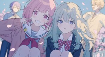 2boys 2girls blazer blonde_hair blue_jacket bow bowtie cardigan collared_shirt commentary diagonal-striped_bow diagonal-striped_bowtie diagonal-striped_clothes diagonal-striped_necktie falling_petals green_hair grey_shirt hair_flaps hand_on_own_chest highres jacket kamishiro_rui kamiyama_high_school_uniform_(project_sekai) kusanagi_nene long_hair long_sleeves looking_at_viewer low-tied_sidelocks miyamasuzaka_girls&#039;_academy_school_uniform moo_n_moko multiple_boys multiple_girls neckerchief necktie ootori_emu petals pink_cardigan pink_eyes pink_hair pointing pointing_at_self project_sekai purple_eyes red_neckerchief sailor_collar school_uniform shirt short_hair sidelocks striped_bow striped_bowtie striped_clothes tenma_tsukasa white_sailor_collar white_shirt wonderlands_x_showtime_(project_sekai) yellow_eyes