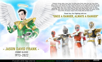 1boy absurdres angel angel_wings arm_guards armor beard belt black_bodysuit black_dino_ranger black_hair bodysuit boots character_request commentary commission copyright_request dino_buckler dragon_ranger english_text facial_hair feathered_wings ginereboot gloves gold_armor gold_trim green_bodysuit halo helmet highres holding holding_unworn_helmet jason_david_frank kiba_ranger oversized_wings letterboxed male_focus mighty_morphin_green_ranger mighty_morphin_power_rangers mighty_morphin_white_ranger power_rangers power_rangers:_battle_for_the_grid power_rangers:_legacy_wars power_rangers_(boom!_studios) power_rangers_dino_thunder power_rangers_ninja_steel power_rangers_turbo power_rangers_wild_force power_rangers_zeo real_life red_bodysuit red_turbo_ranger shoulder_armor spiked_hair tokusatsu tommy_oliver unworn_headwear unworn_helmet white_bodysuit white_wings wings zeo_ranger_v_red