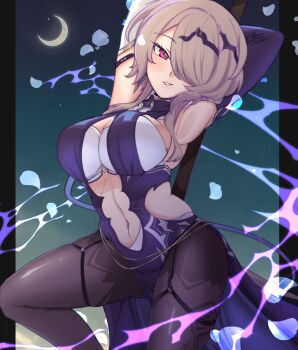 1girl absurdres black_pantyhose bra breasts brown_hair clothing_cutout commentary_request crescent_moon dress gloves highres honkai_(series) honkai_impact_3rd large_breasts moon navel navel_cutout night pantyhose pole purple_dress purple_eyes purple_gloves rita_rossweisse rita_rossweisse_(miss_espionage) satoyukitowa short_hair side_cutout solo stripper_pole thighs underwear white_bra